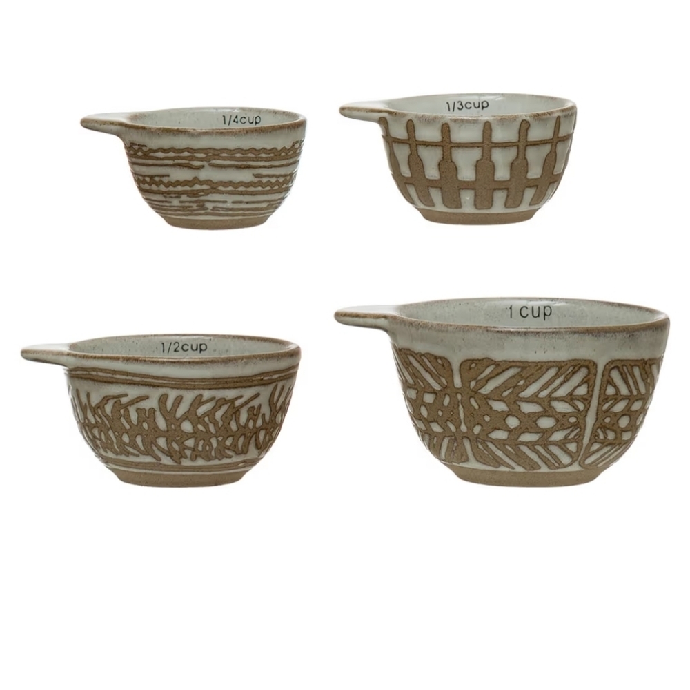 Creative Co-Op Stoneware Measuring Cups with Wax Relief Pattern Set of 4